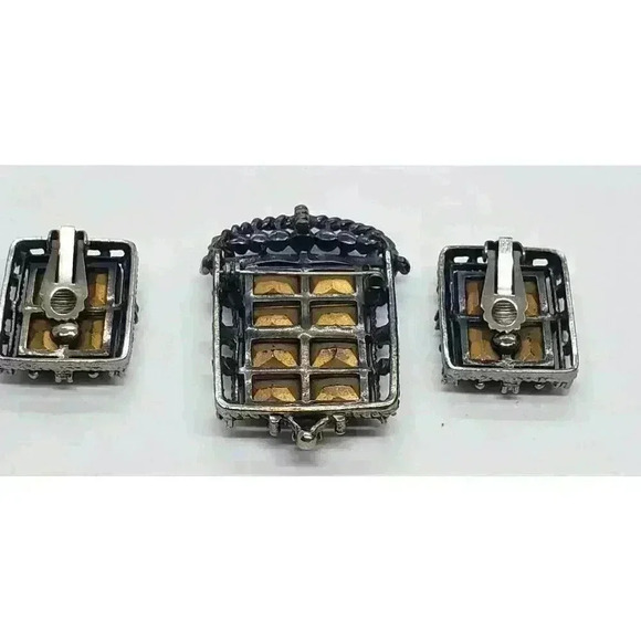 Art Deco Topaz Crystal Brooch Earrings Set Midnight Madness Sarah Coventry 60s - Picture 4 of 8